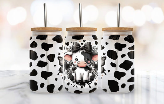 16oz Frosted can glass-Cute cow