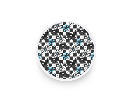 Phone grip- Blue/Grey checker print florals